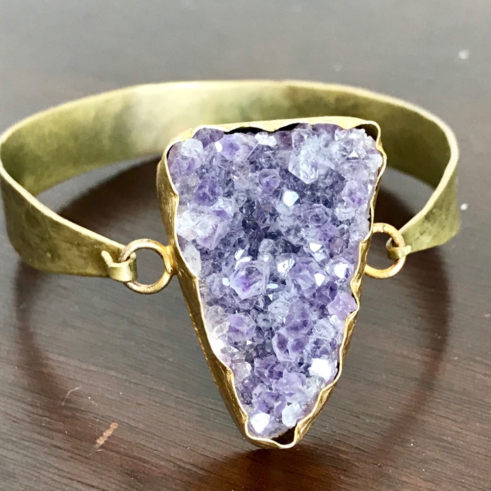 Natural Amethyst Druzy Crystal Brass Bracelet